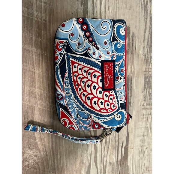 Vera Bradley Wristlet Pouch Bag Wallet Blue White Red Print like new with zipper - Picture 1 of 4